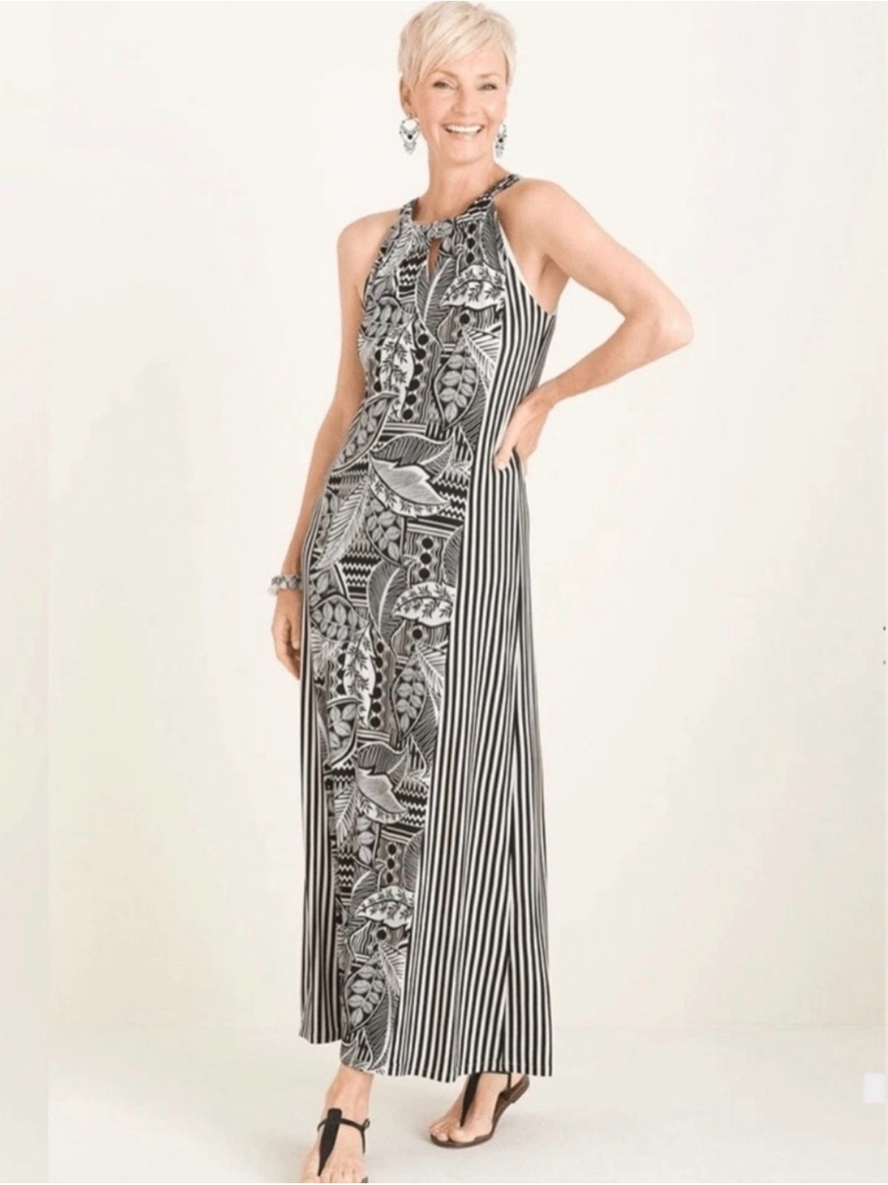 EUC Chico's Strappy Tie-Back Maxi Dress, Black & White Patterns & Stripes, 8/10